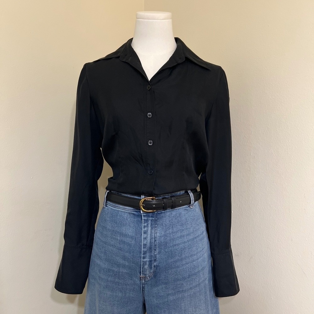 Ann Taylor Black 100% Silk Button Down Blouse Long Sleeve Office Top Size 4